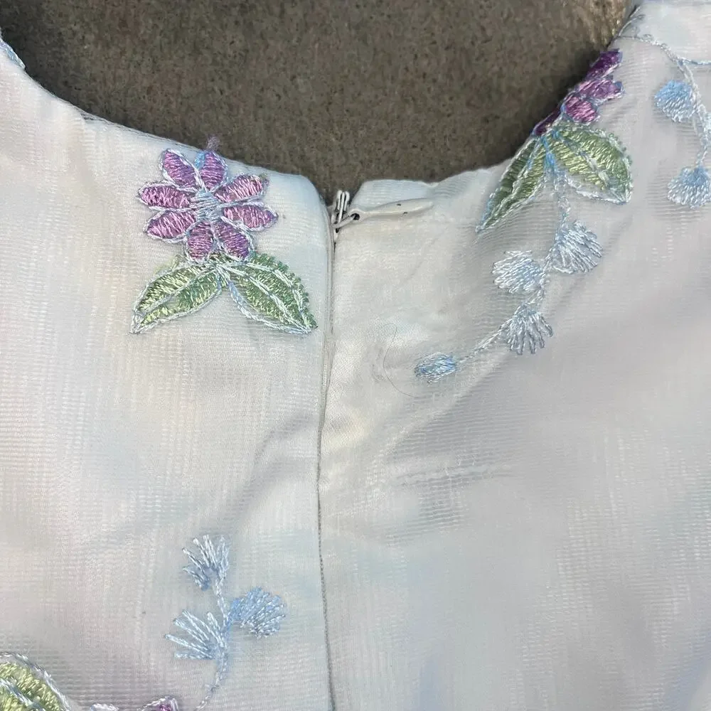 Girls floral Embroidered lavendar satin bow formal dress pearl collar Toddler 4T